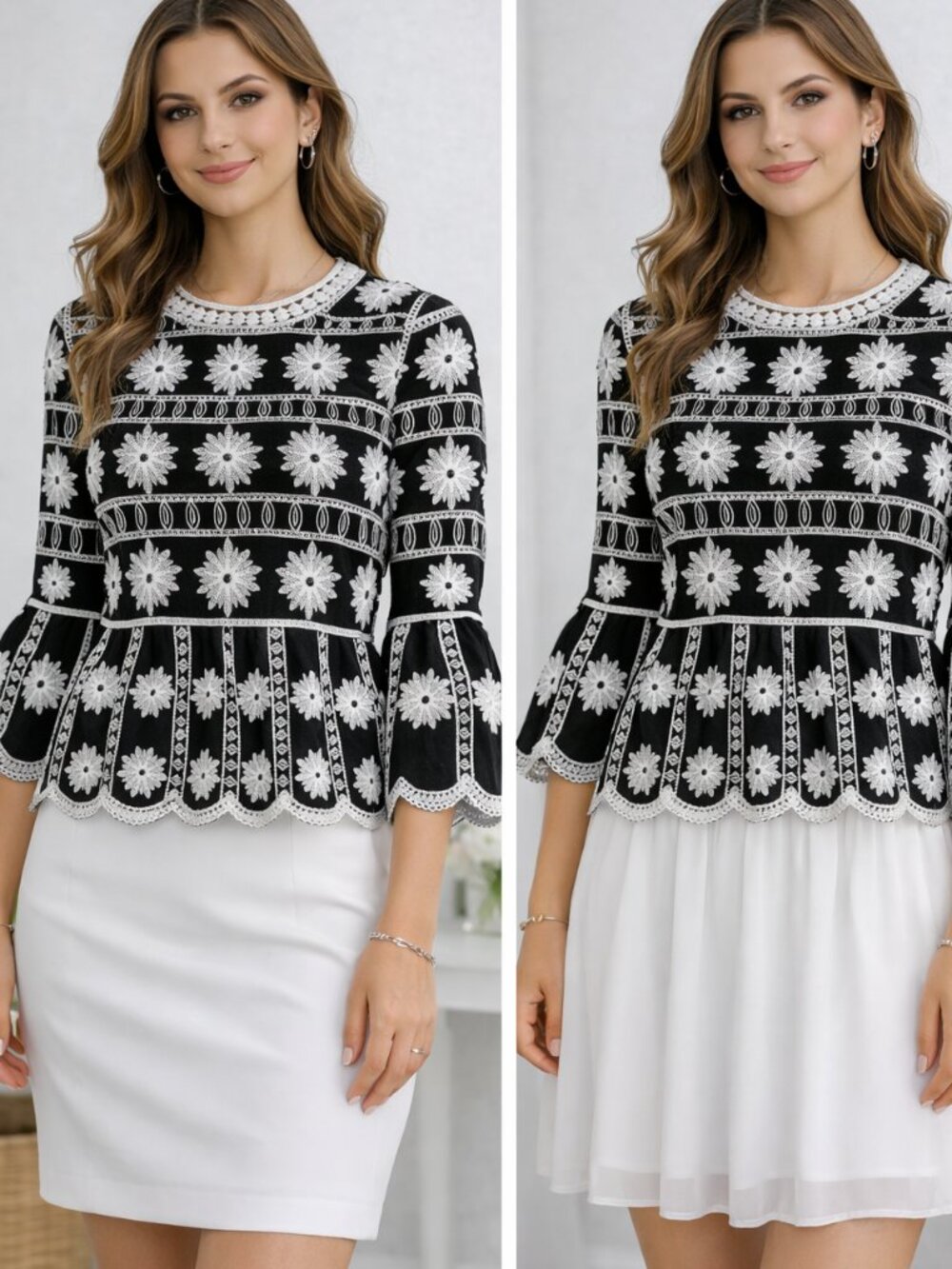 Kindred Anthropologie Embroidered Blouse Black White Bell Sleeve Boho Tunic NWOT